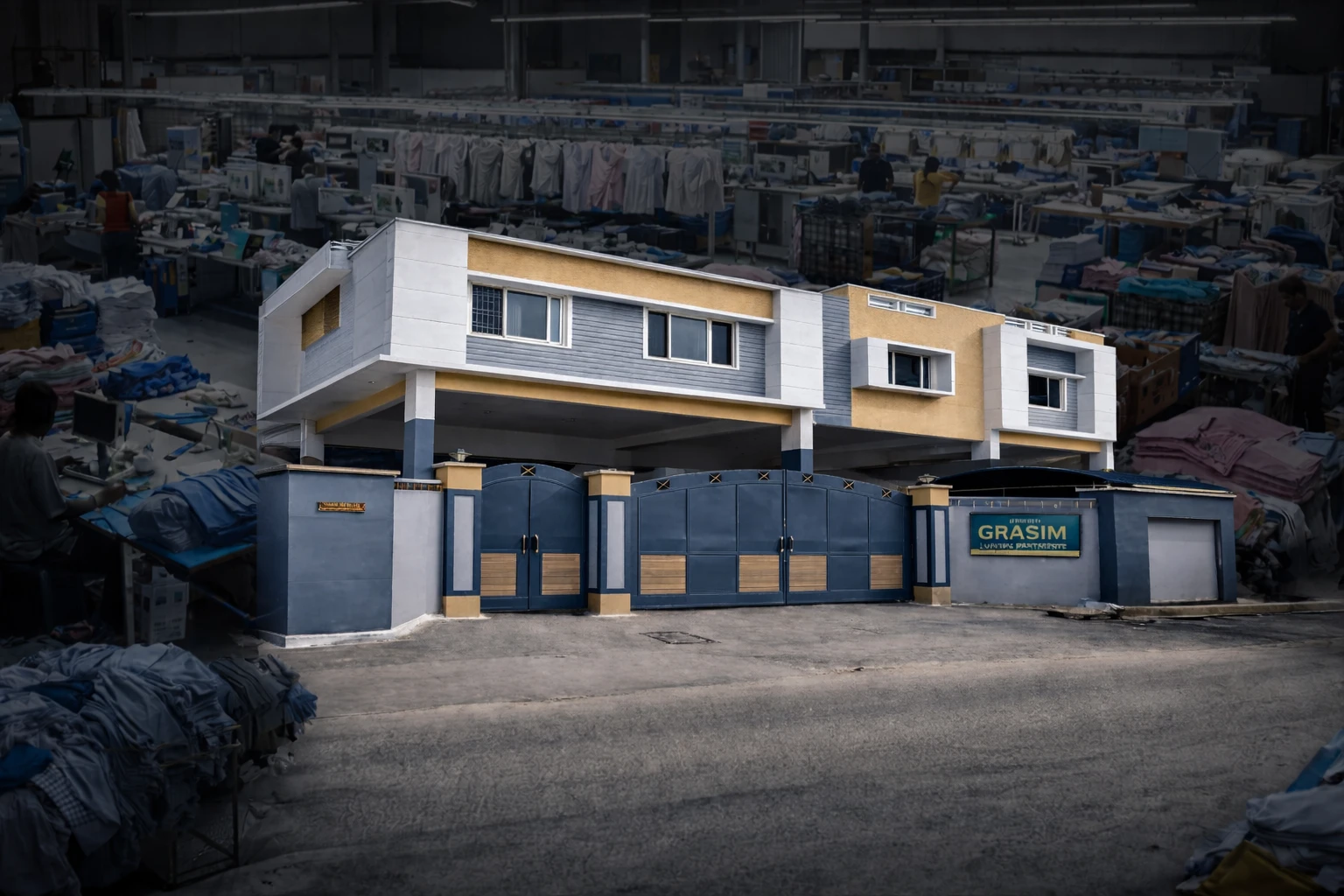 Grasim Apparel factory building in Tiruppur with the production floor behind